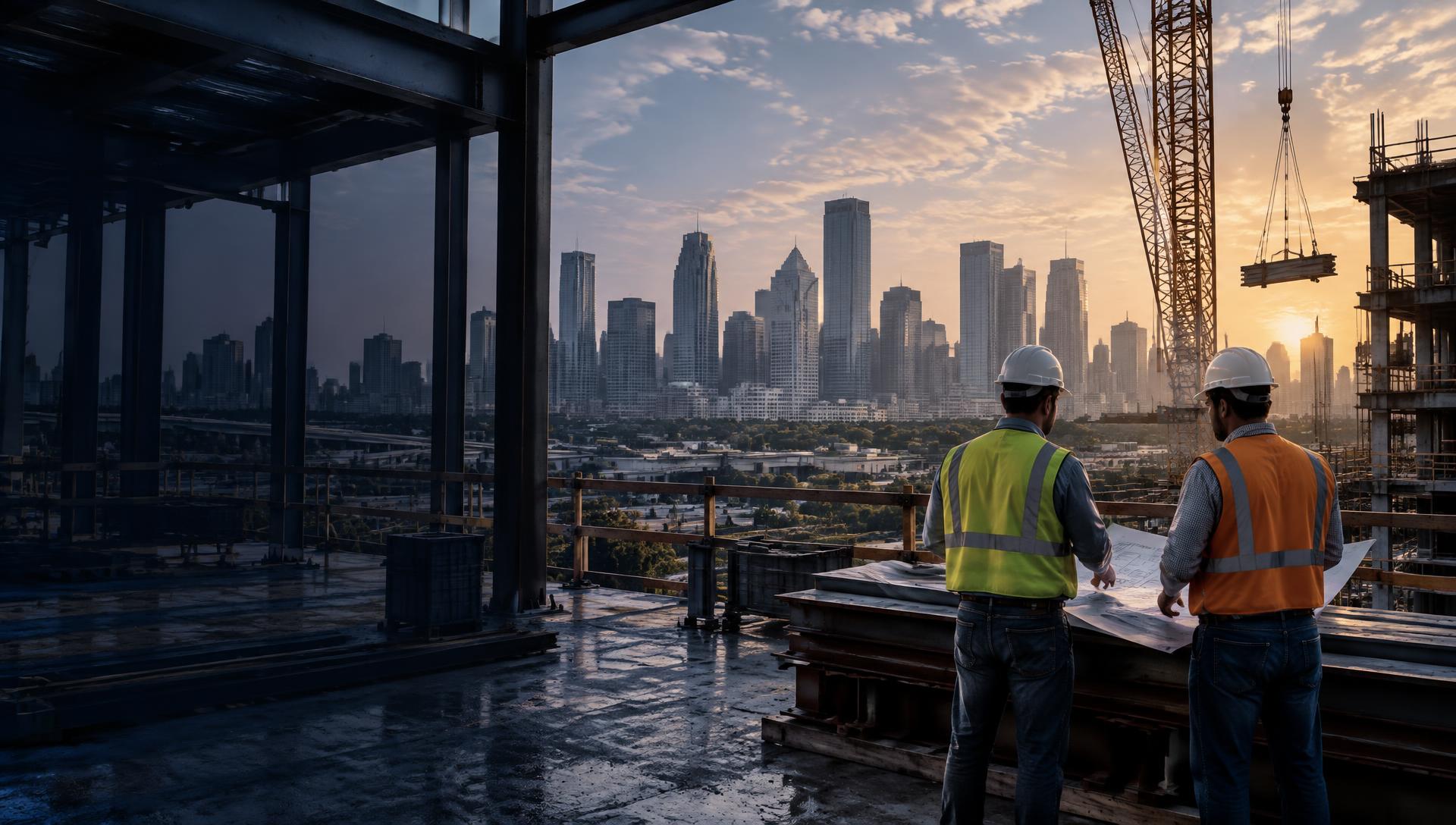 Houston contractors reviewing plans at an active construction site overlooking downtown